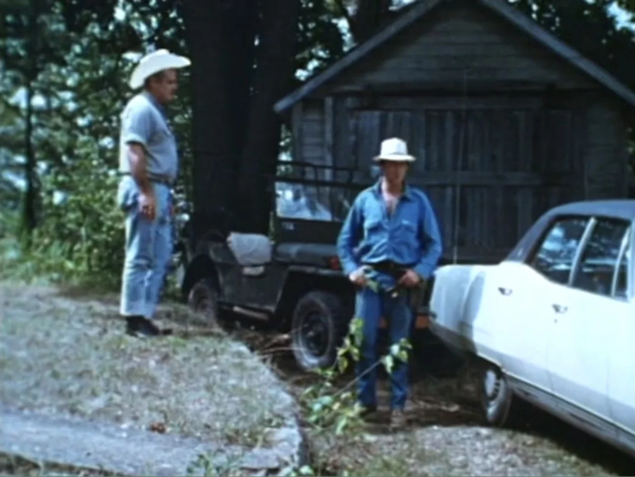 It's Alive (1974) movie still: fullbody — A rural setting features an old wooden shed and an adjacent gravel driveway area. Two men in casual…