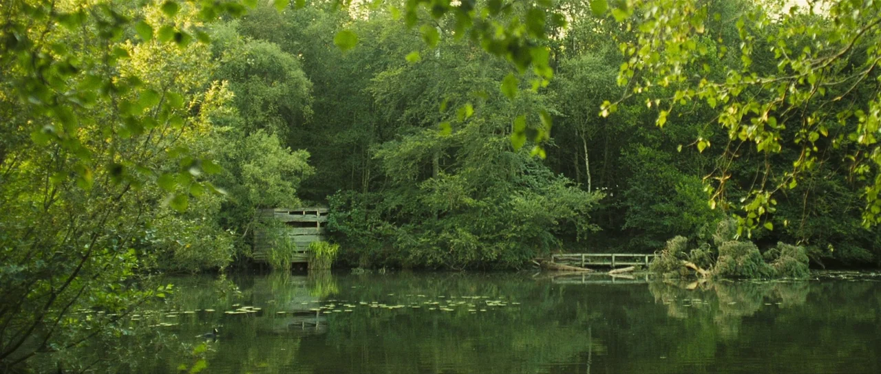 Eden Lake (2008) movie still: establishing — A calm, reflective pond is surrounded by dense, lush green trees and foliage. A small wooden structure…