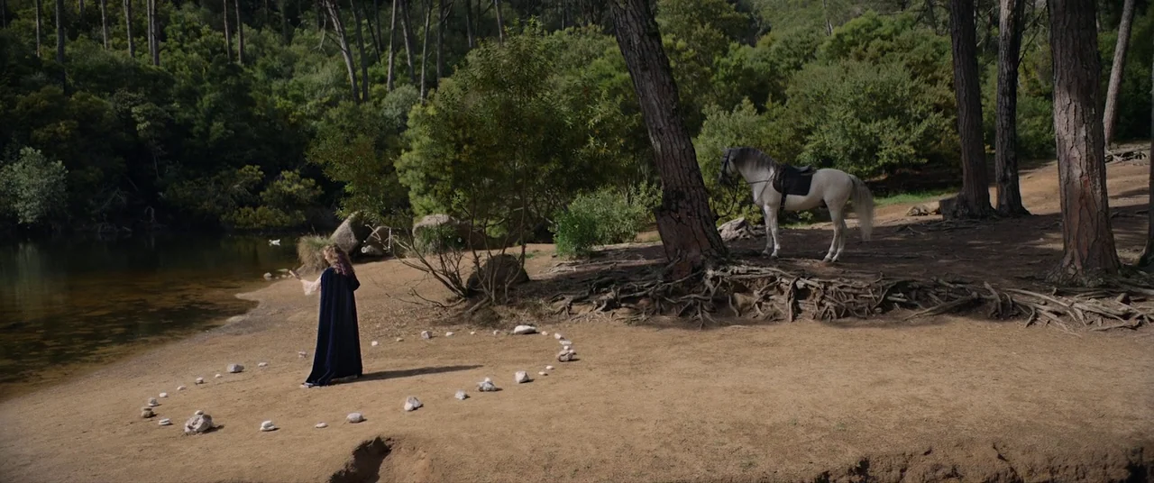 Colour Out of Space (2020) movie still: wide — A quiet lake bank surrounded by tall pine trees and exposed tree roots. A woman stands by the water…