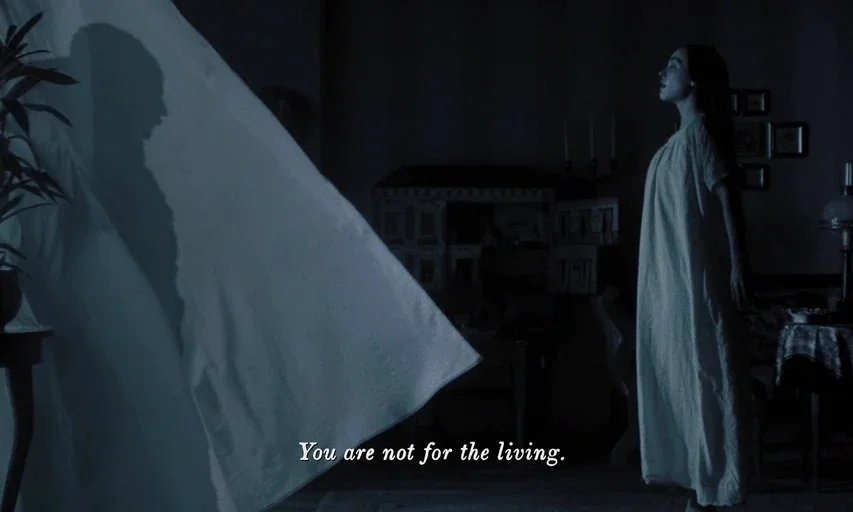 Nosferatu (2024) movie still: fullbody — A dark, dimly lit room contains a dollhouse and a tall, thin potted plant. A young woman in a nightgown…