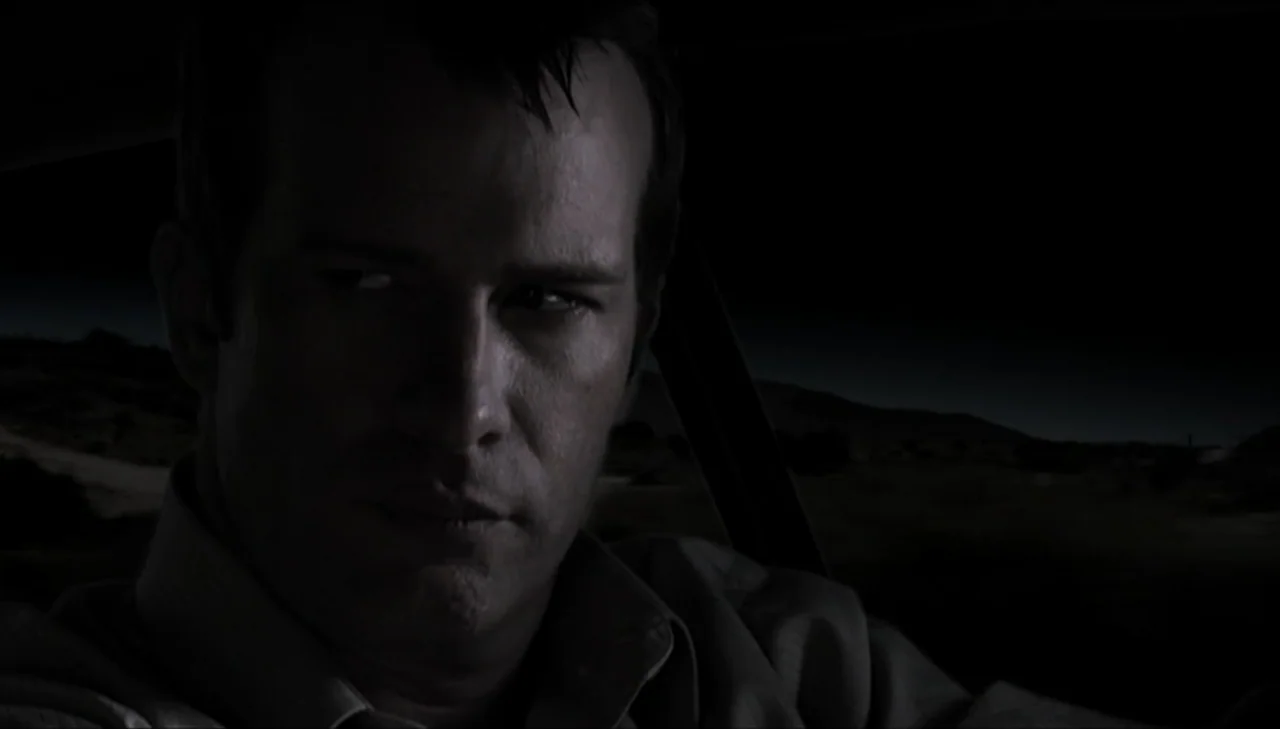Dark Country (2009) movie still: closeup — The inside of a car at night with a dimly lit landscape visible outside. A man is driving and looking…