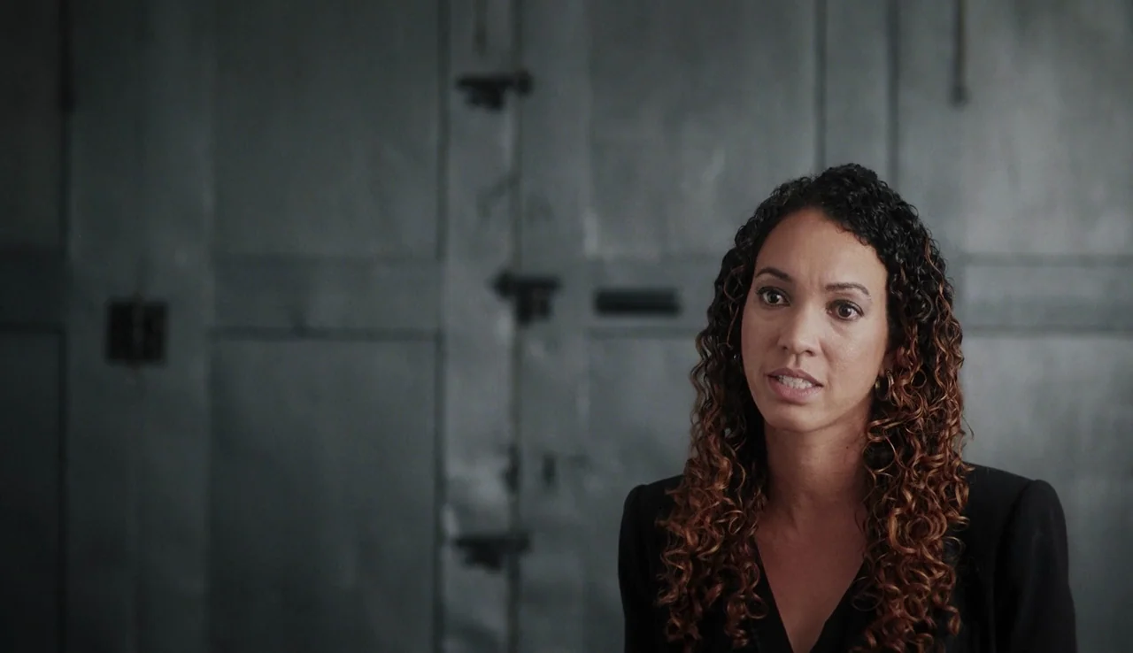 13th (2016) movie still: medium — A dark, textured wall serves as a backdrop for a professional interview setting. A woman with curly hair stands in…