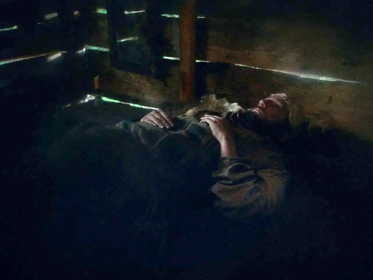 First Cow (2019) movie still: medium — A dark, cramped interior with horizontal wooden planks making up the walls. A bearded man lies on a surface…