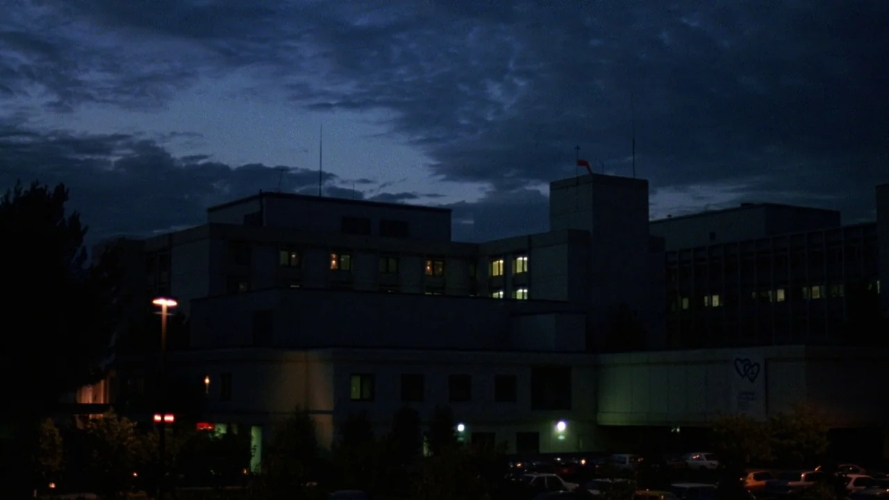 Bride of Reanimator (1989) movie still: establishing — A sprawling hospital complex stands beneath a dark blue sky filled with heavy clouds.…