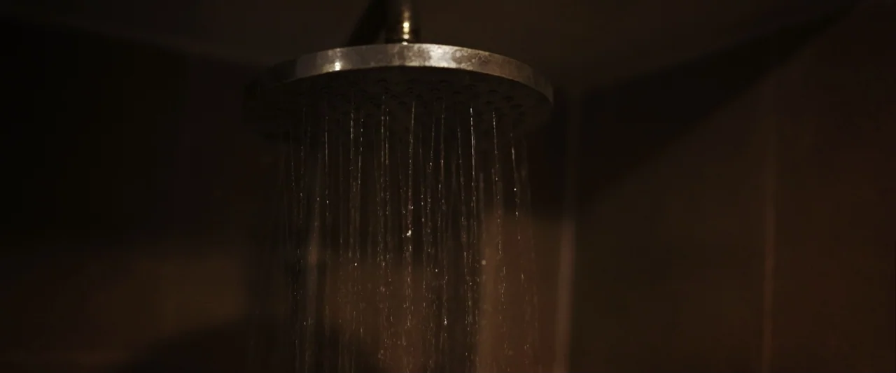 Winnie-the-Pooh: Blood and Honey 2 (2024) movie still: closeup — A dark bathroom interior features a metallic shower head mounted to a shadowed…