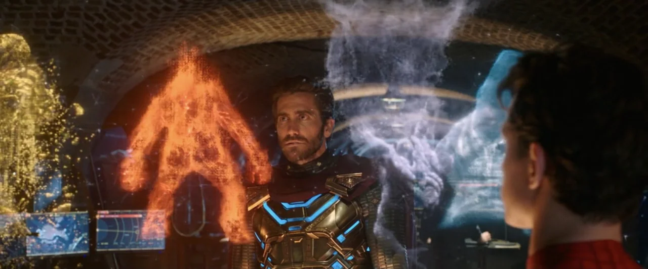 Spider-Man: Far From Home (2019) movie still: medium — A dark, industrial room filled with glowing blue and orange holographic data projections. A…