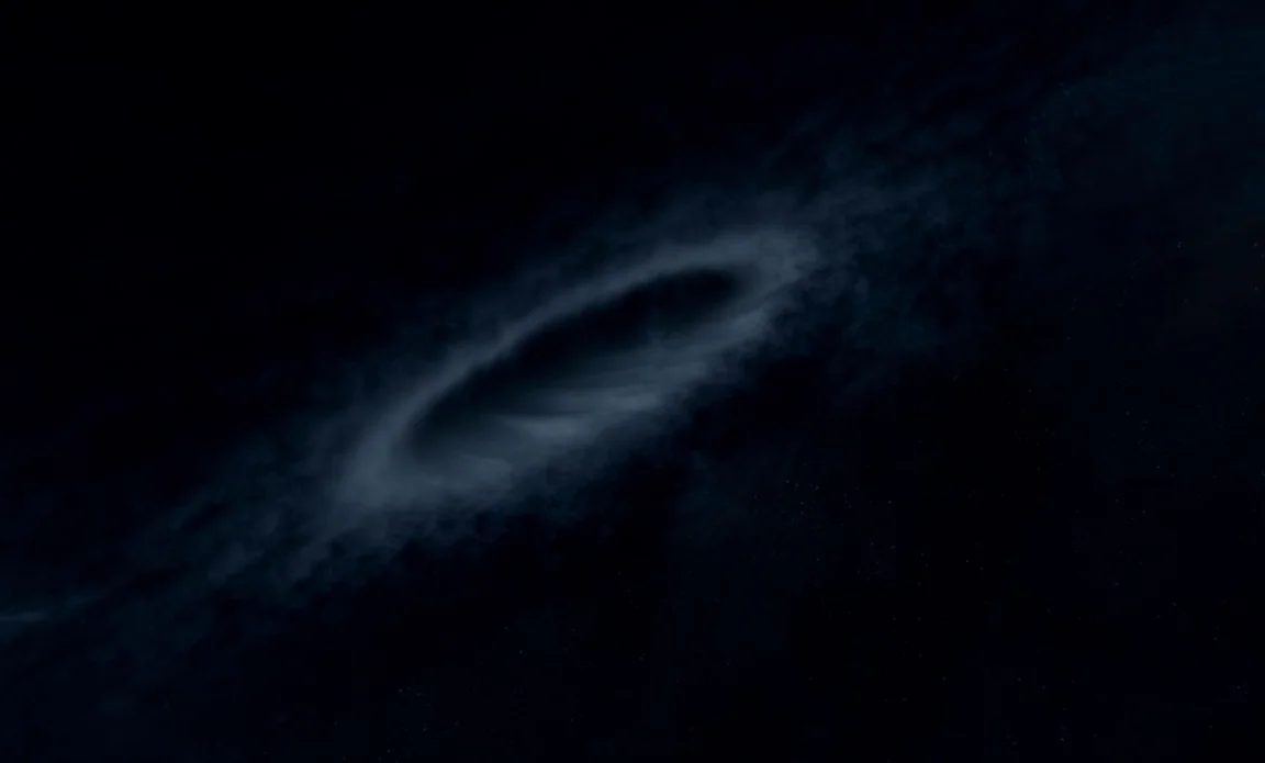 High Life (2018) movie still: establishing — A dark cosmic scene shows a glowing accretion disk encircling a black hole. Swirling gases form a…