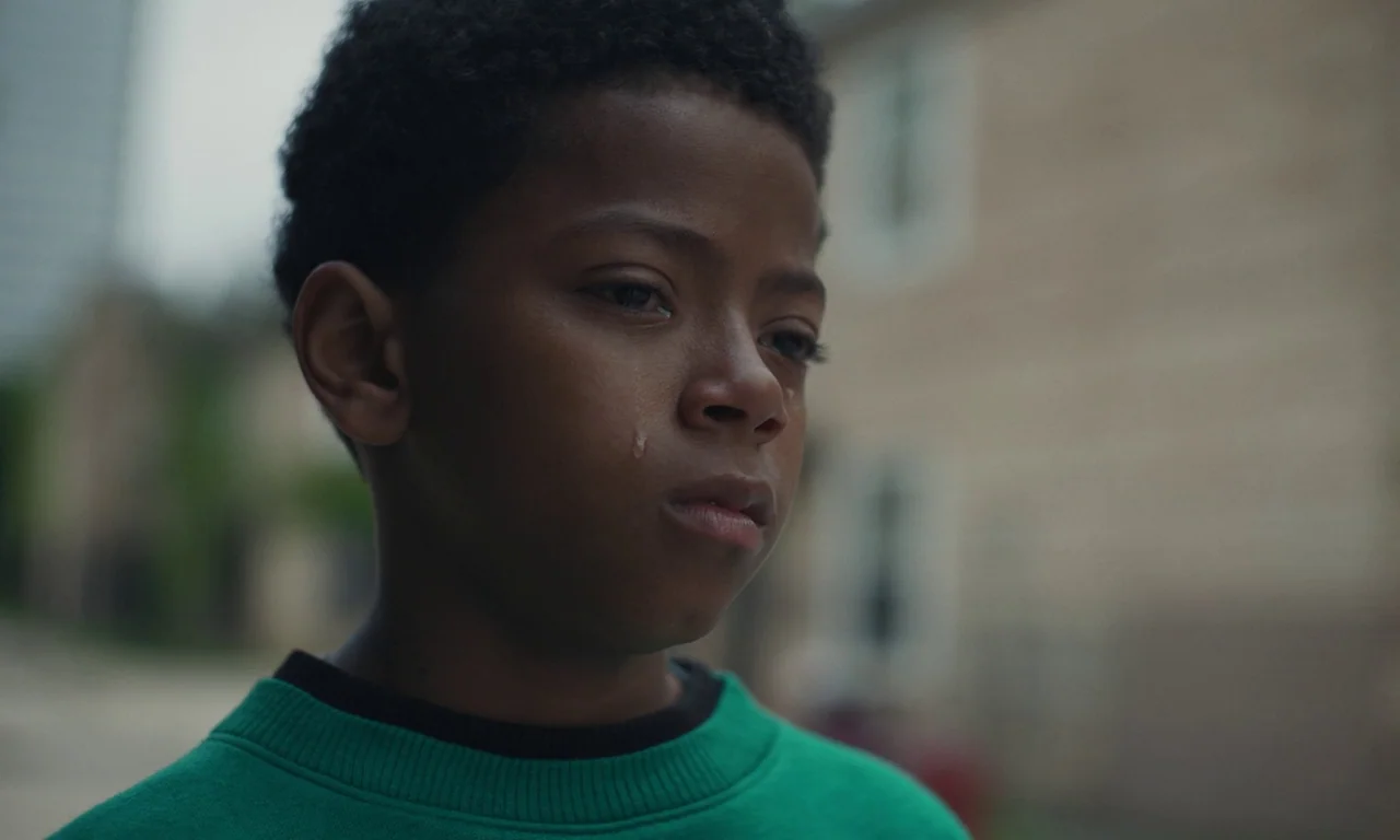 We Grown Now (2023) movie still: closeup — An outdoor neighborhood area with blurred houses in the background under an overcast sky. A young boy…