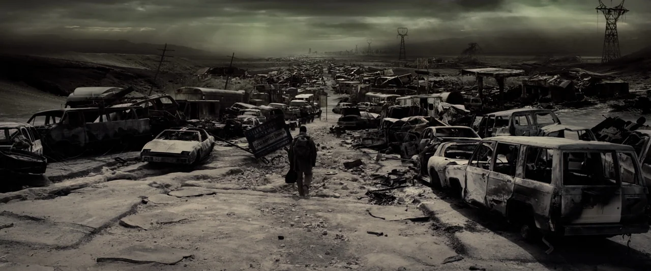 The Book of Eli (2010) movie still: wide — A desolate highway is packed with hundreds of abandoned, rusting, and wrecked automobiles. A lone man…