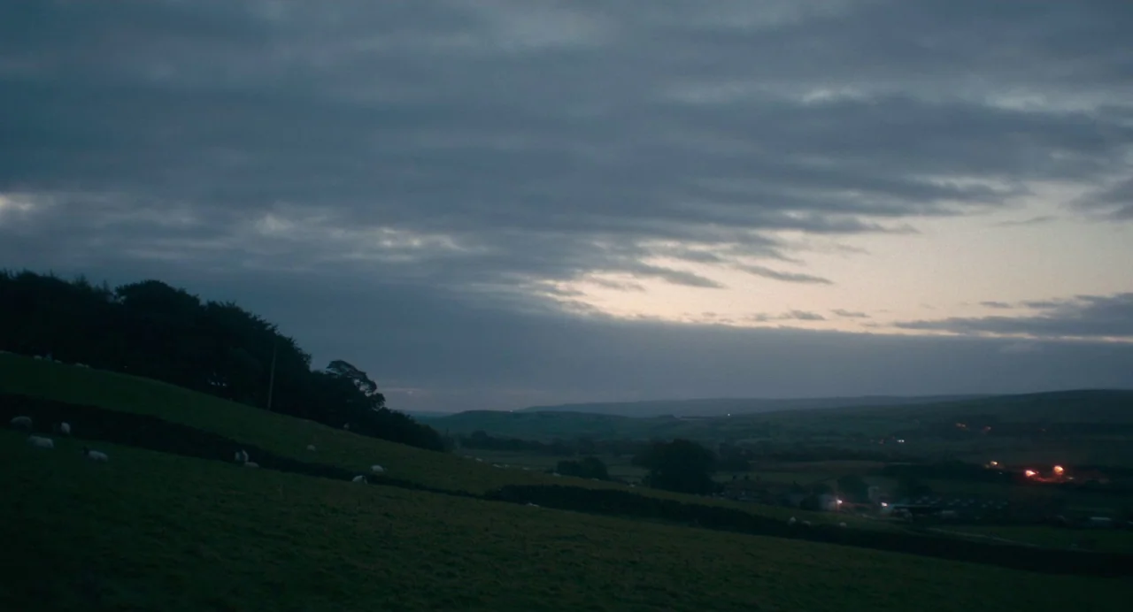Dark River (2017) movie still: establishing — A dark, rolling countryside landscape features a stone wall dividing a grassy hill. Small sheep are…