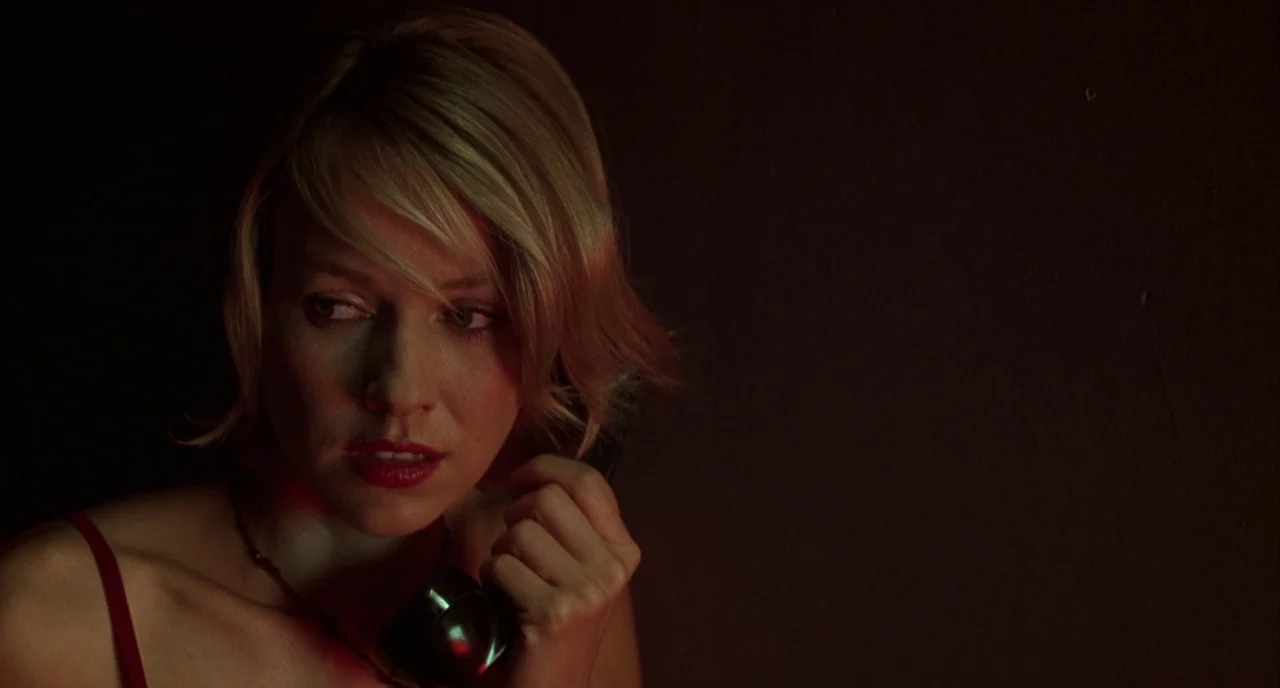 Mulholland Drive (2001) movie still: closeup — A darkened interior space with minimal architectural detail visible in the low light. A blonde woman…