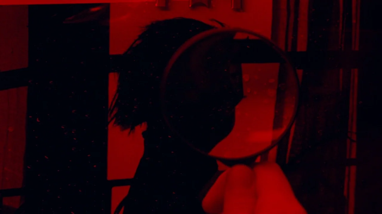 Seed of Chucky (2004) movie still: closeup — A silhouette of a person appears behind a glass surface covered in droplets. A hand holds a magnifying…