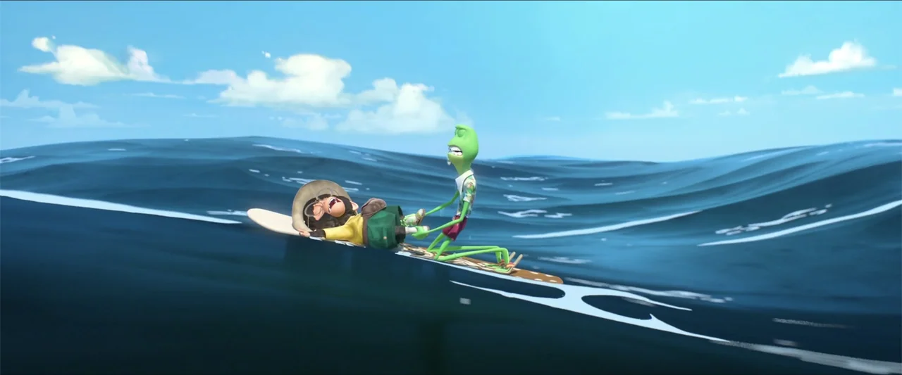 Around the World in 80 Days (2021) movie still: wide — A deep blue ocean stretches to the horizon under a bright sunny sky. A green character rides…