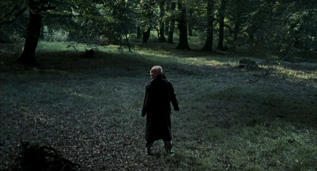 Timecrimes (2007) movie still: wide — A dense forest clearing covered with fallen leaves and interspersed with patches of grass. A lone person in a…