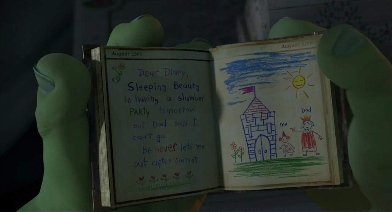 Shrek 2 (2004) movie still: closeup — A close view of a diary held by large green hands in a dimly lit room. The open pages contain colorful crayon…