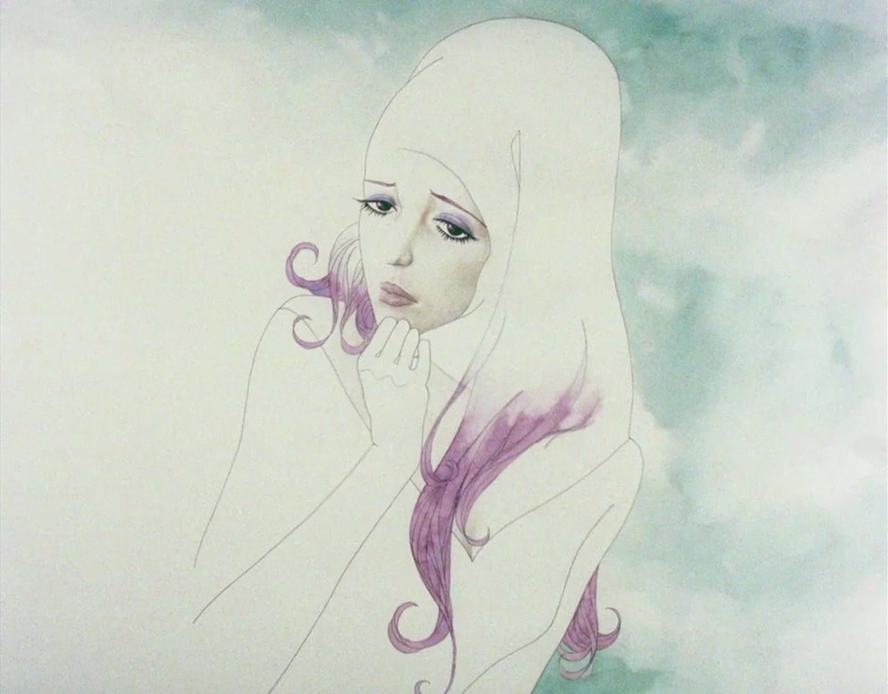 Belladonna of Sadness (1973) movie still: A deeply intimate and sorrowful portrait of a young woman rendered in a delicate, painterly illustration…