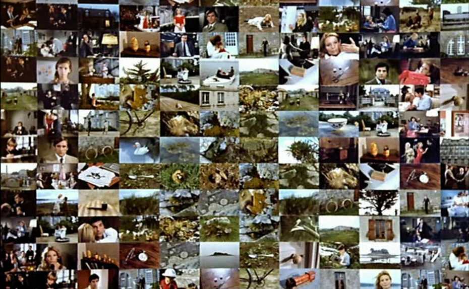 My American Uncle (Mon oncle d’Amérique) (1980) movie still: establishing — A dense grid of many small rectangular film clips covers the entire…