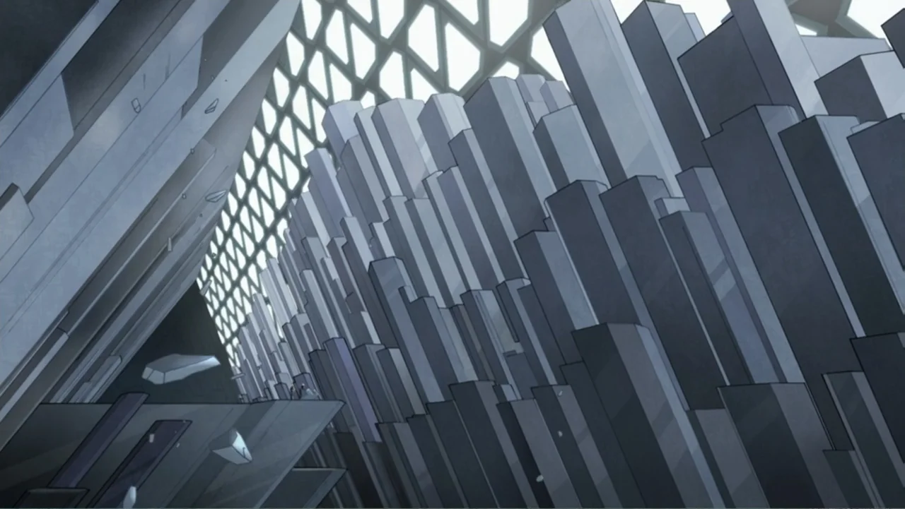 Legion of Super-Heroes (2023) movie still: wide — A vast geometric architectural space is filled with dense vertical hexagonal stone columns. The…