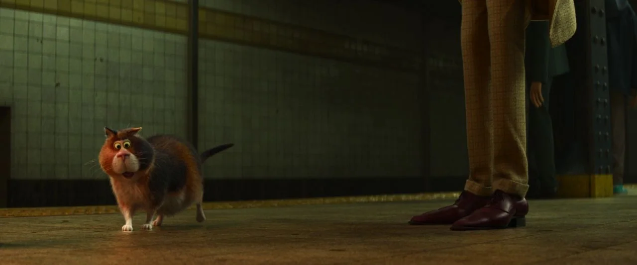Soul (2020) movie still: medium — A dark, textured subway platform with tiled walls features a cat walking across the floor. A person's legs in tan…