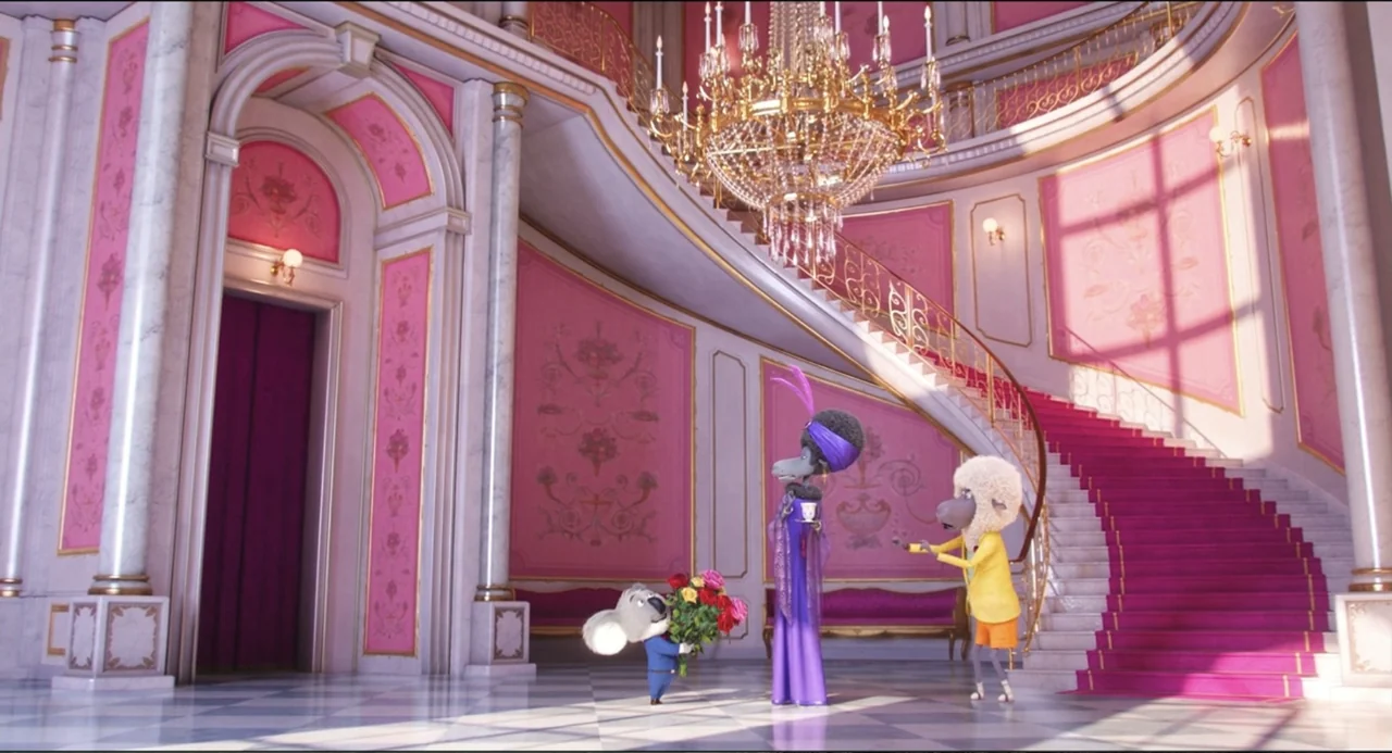 Sing (2016) movie still: wide — A grand entrance hall features a sweeping pink carpeted staircase and a large chandelier. A koala holding flowers…