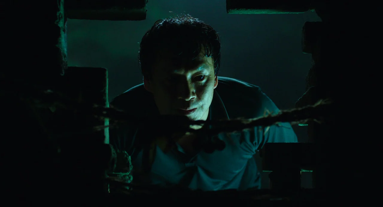The Mimic (2017) movie still: closeup — A man peers through a narrow opening in a dark, confined space. The aperture is framed by rough dark masonry…