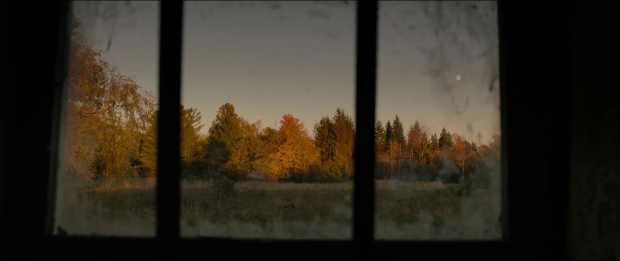 Jigsaw (2017) movie still: establishing — A field and a dense treeline are visible through a dirty, multi-paned window frame. Faint haze or smoke…
