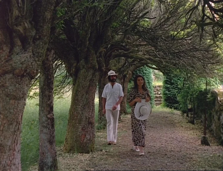 Claire’s Knee (1970) movie still: fullbody — A shaded earth path is lined with mature, gnarled trees forming a natural tunnel. A man and a woman…