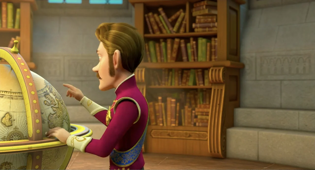 The Princess and the Dragon (2018) movie still: medium — A stone-walled study features a tall wooden bookcase filled with leather-bound books. A man…