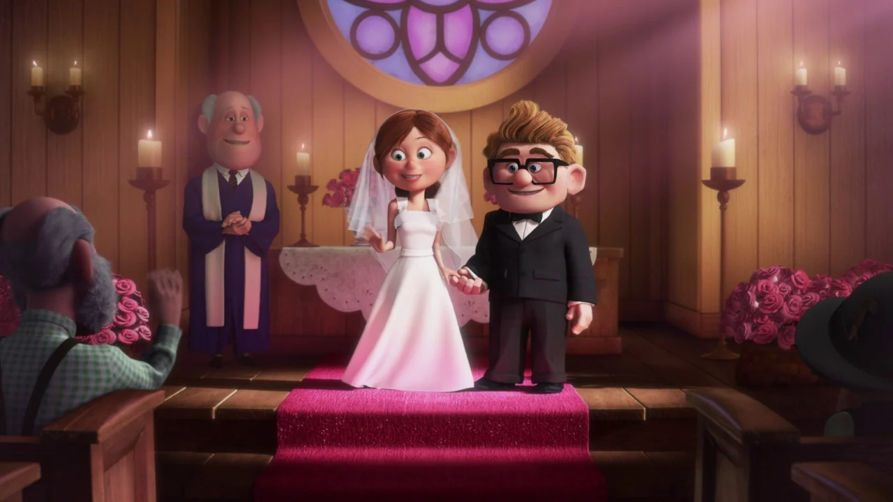 Up (2009) movie still: fullbody — A wooden chapel interior is decorated with pink roses and lit by warm candles. A couple stands on a pink runner…