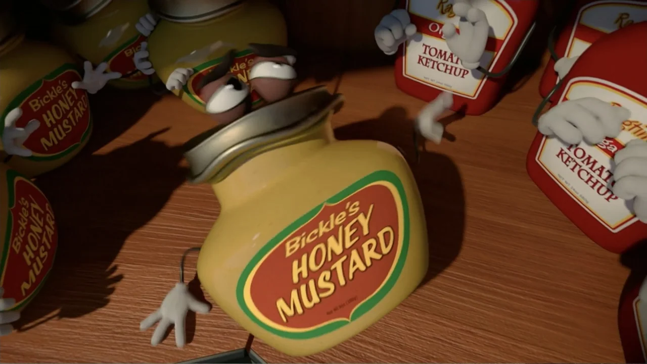 Sausage Party (2016) movie still: medium — A wooden supermarket shelf holds several anthropomorphic condiment bottles with white cartoon gloved…
