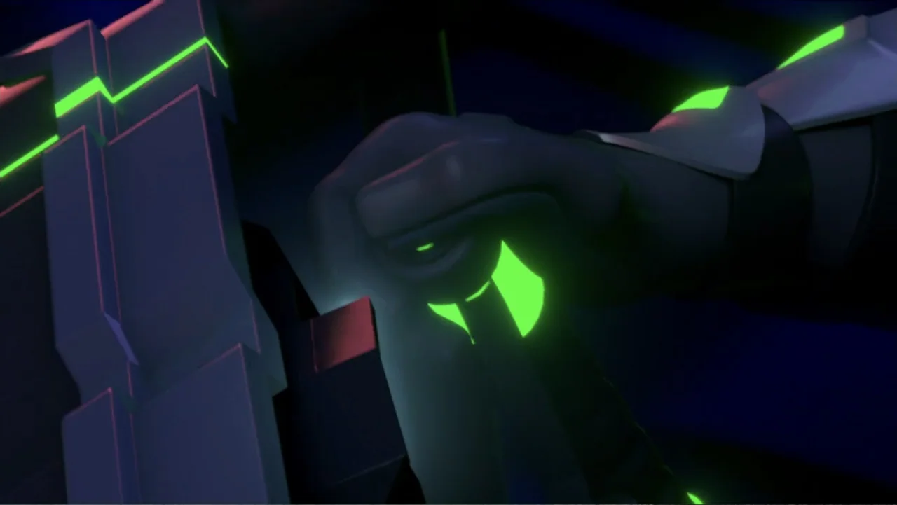 Max Steel: Turbo Warriors (2017) movie still: closeup — A dark, futuristic console surface features geometric panels with bright green glowing…