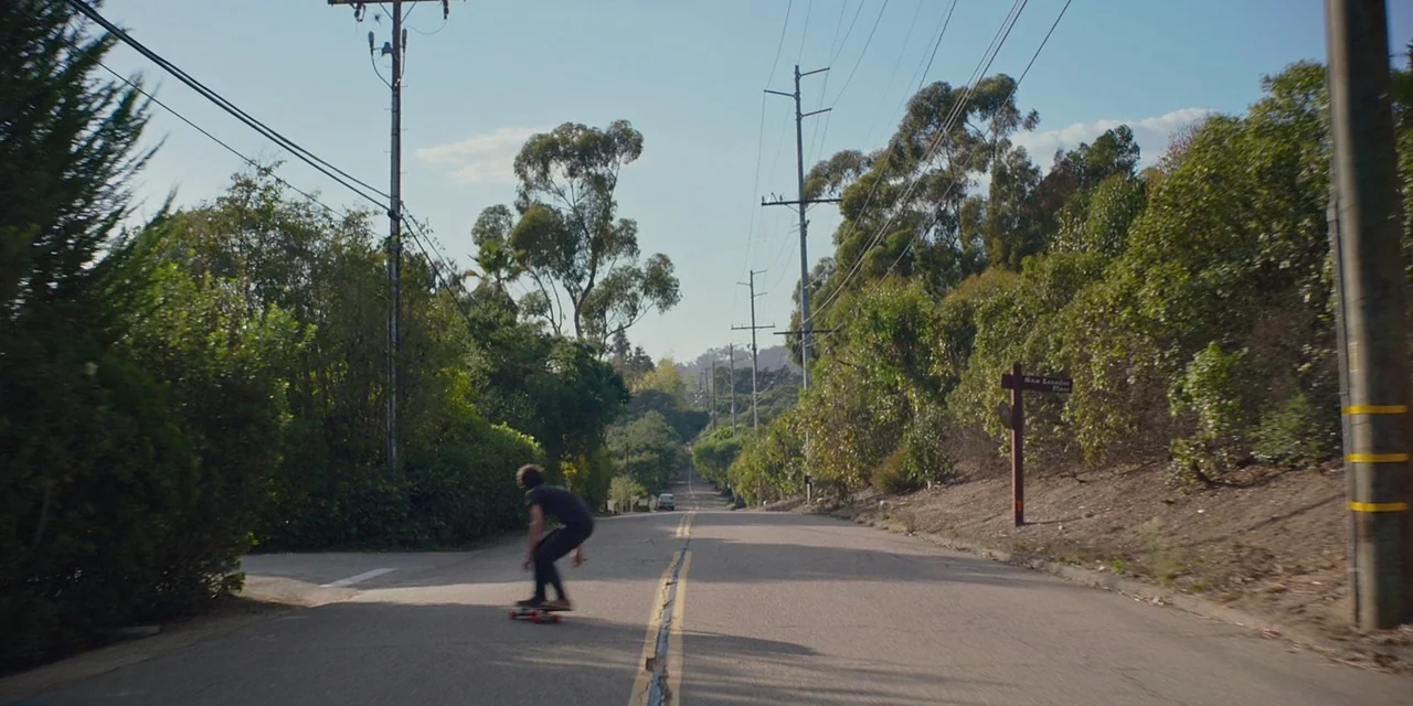 20th Century Women (2016) movie still: wide — An asphalt road winds through a suburban neighborhood lined with dense trees and utility poles. A…