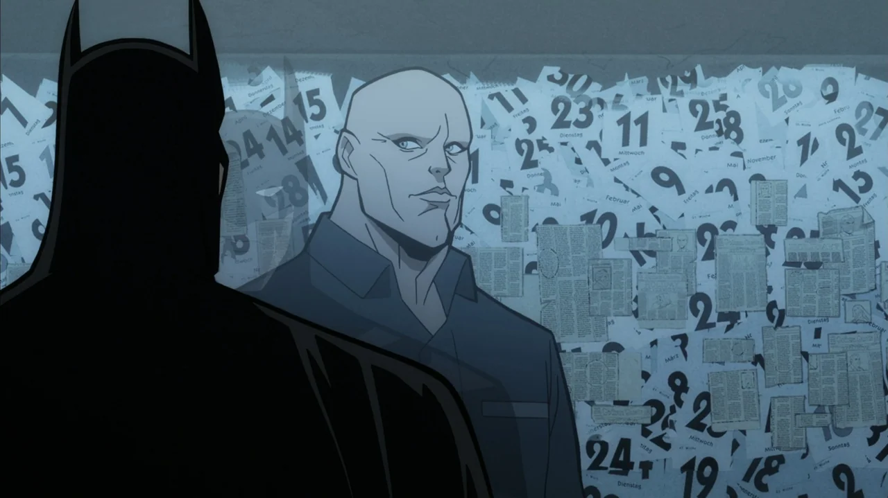 Batman: The Long Halloween, Part Two (2021) movie still: medium — An interior space features a wall covered with overlapping calendar pages and…