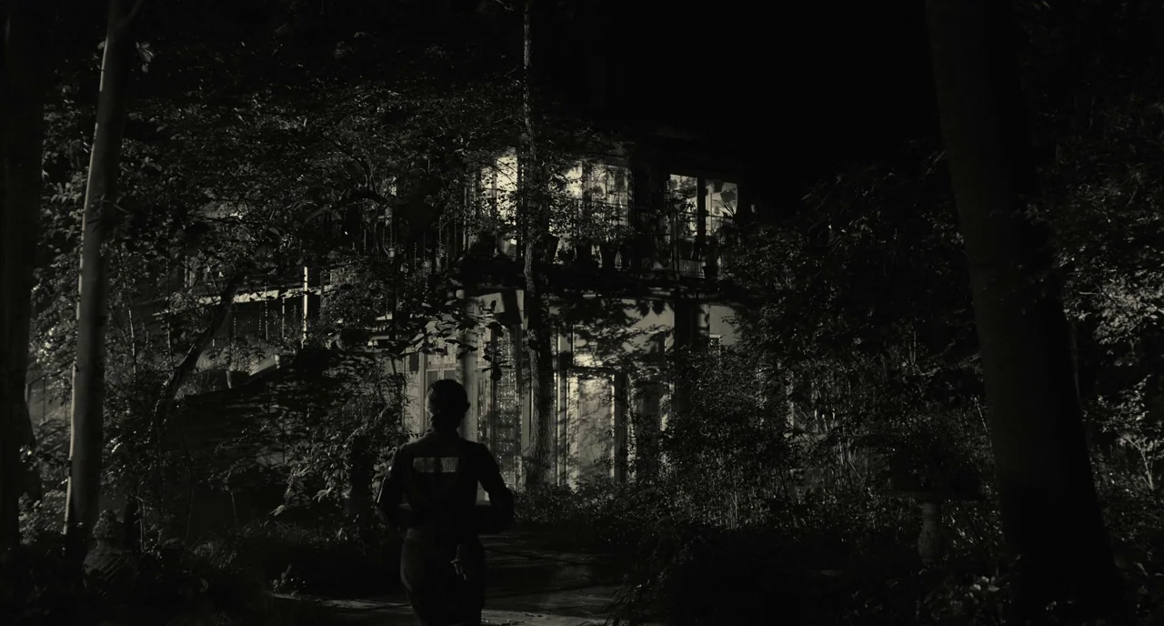 The Whispering Star (2015) movie still: wide — A dark, wooded backyard at night surrounds a two-story residential house with lit windows. A lone…