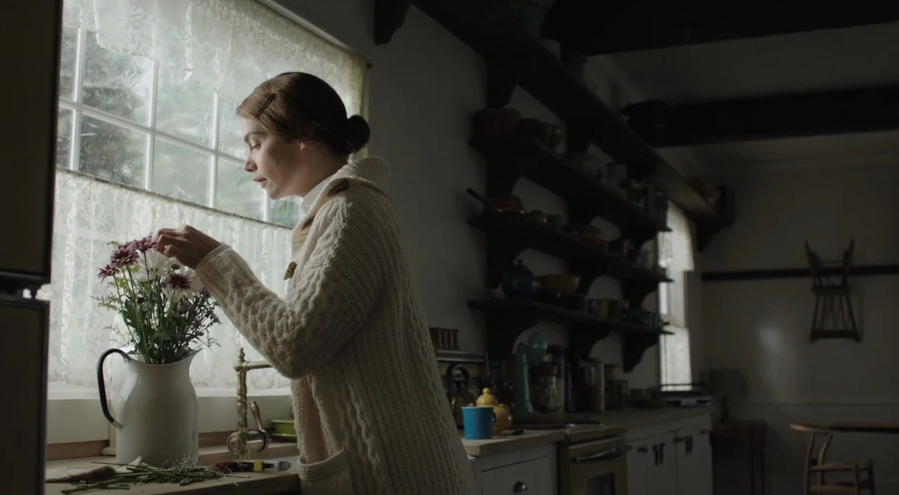 I Am The Pretty Thing That Lives In The House (2016) movie still: medium — A rustic interior with dark wood open shelving and a window with lace…