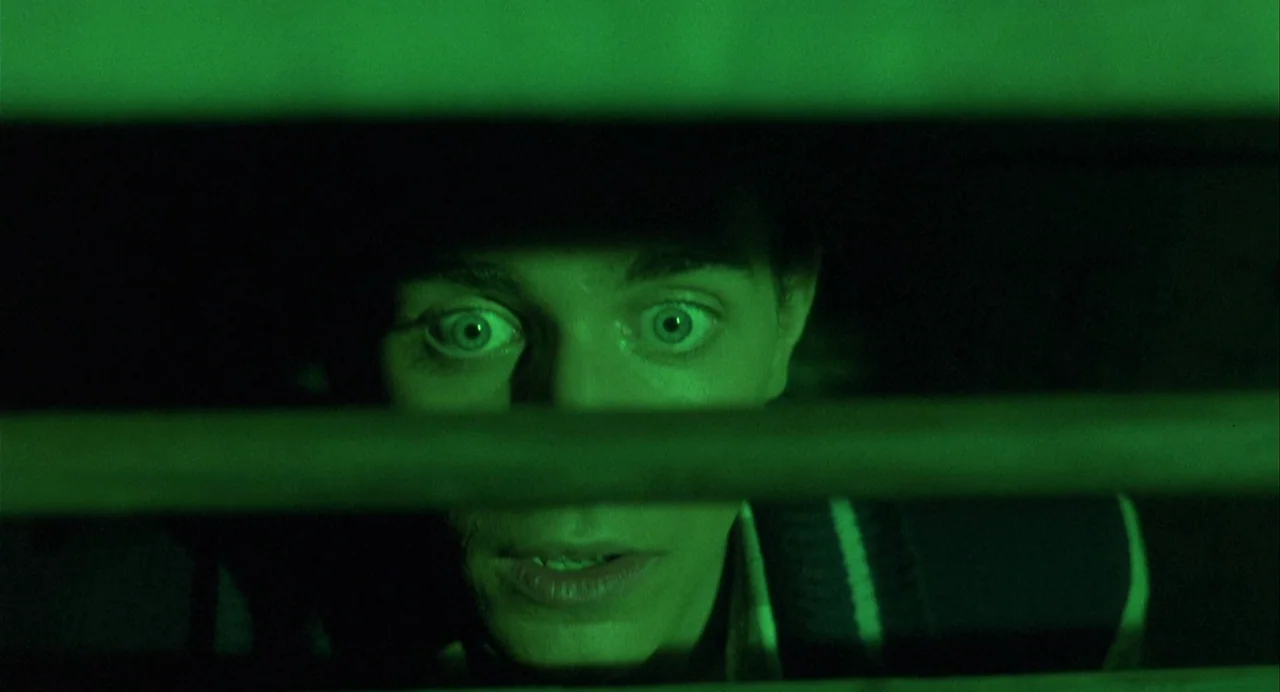 Vamp (1986) movie still: closeup — A man's face appears through the horizontal slats of a partially closed window blind. He stares intensely ahead…