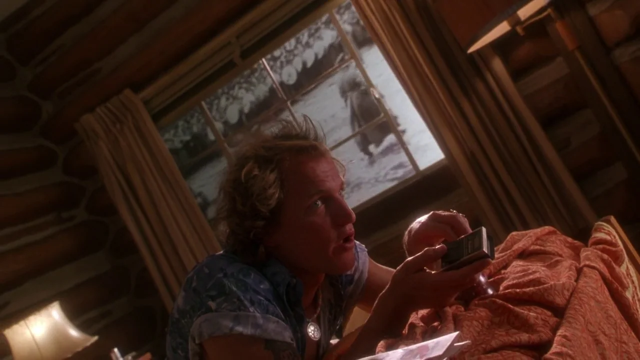 Natural Born Killers (1994) movie still: medium — A rustic log cabin interior features a large window with white curtains. A man lies on a bed…