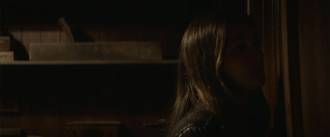 The Cellar (2022) movie still: medium — A dimly lit room with dark wood paneling and shelves holding rectangular objects. A young woman with brown…