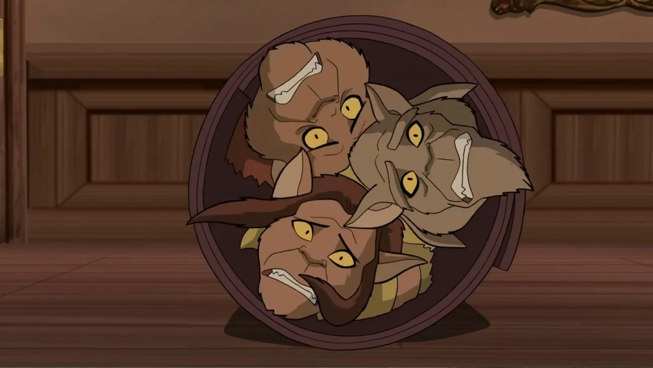 Scooby-Doo! Return to Zombie Island (2019) movie still: closeup — Three animated furry heads are crammed inside a round open container on a floor.…