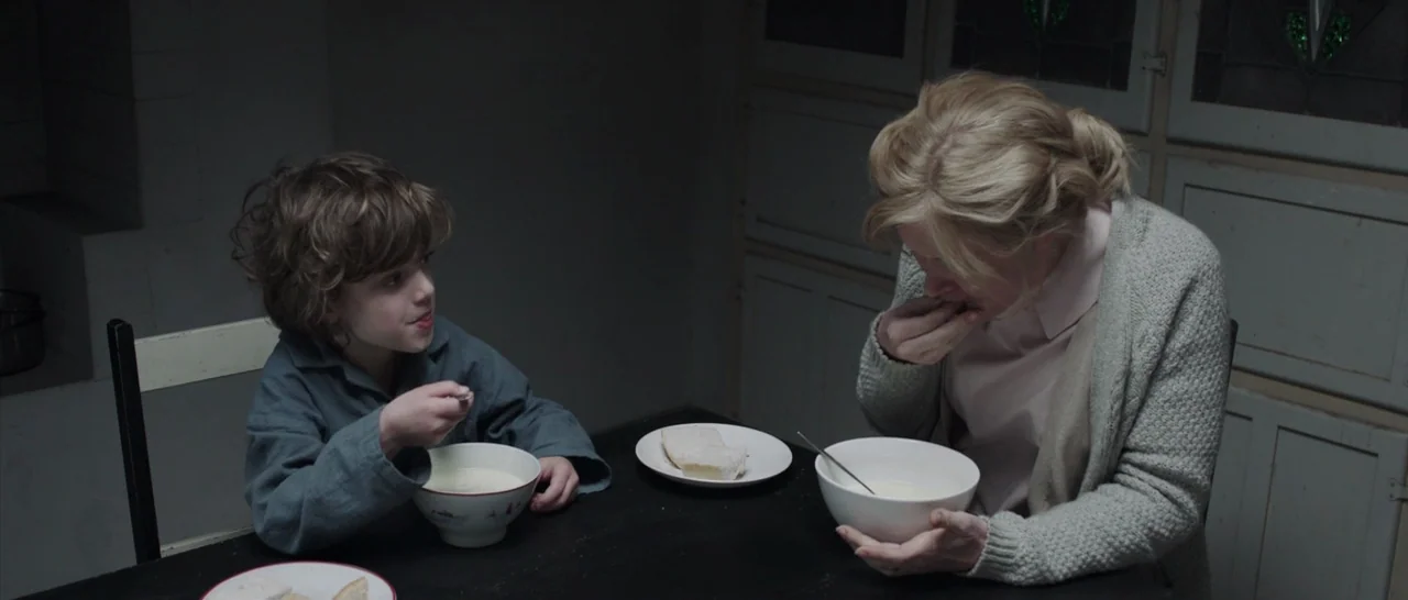 The Babadook (2014) movie still: medium — A dimly lit room with a dark wooden table and white paneled walls. An older woman and a young boy sit…