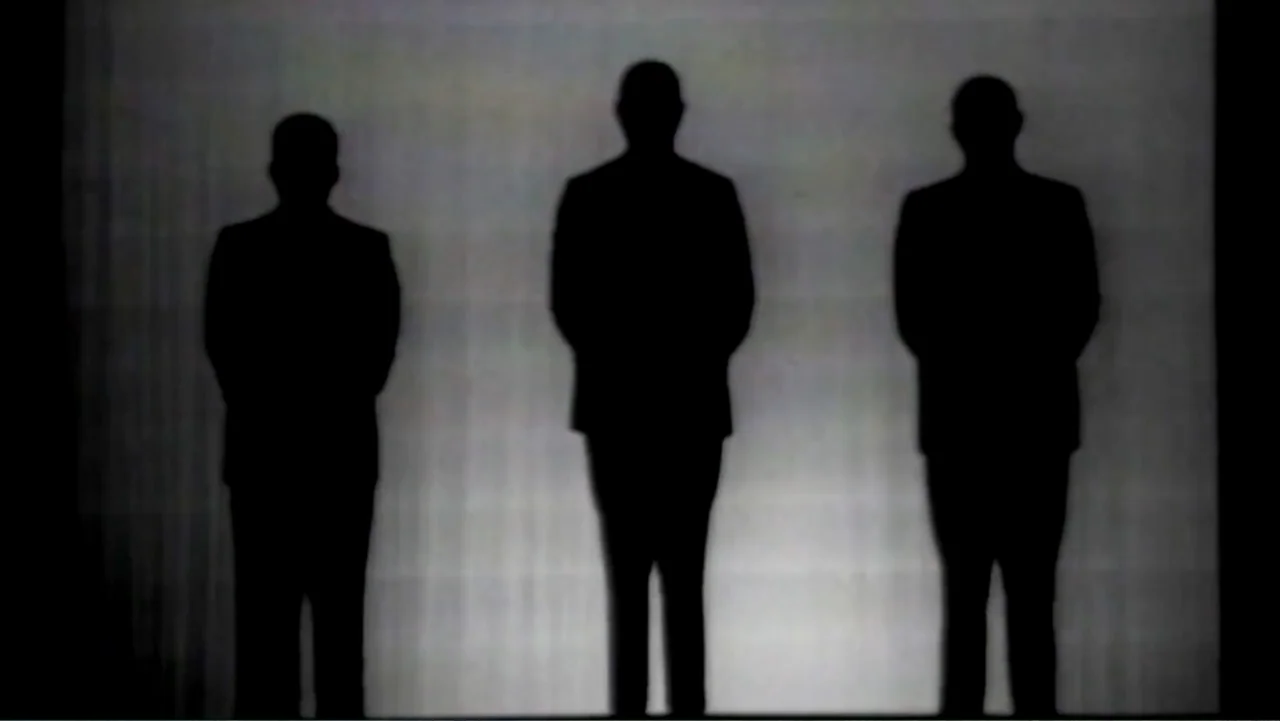 Alien Abduction: Betty and Barney Hill (2022) movie still: fullbody — Three featureless human silhouettes stand vertically aligned against a bright…