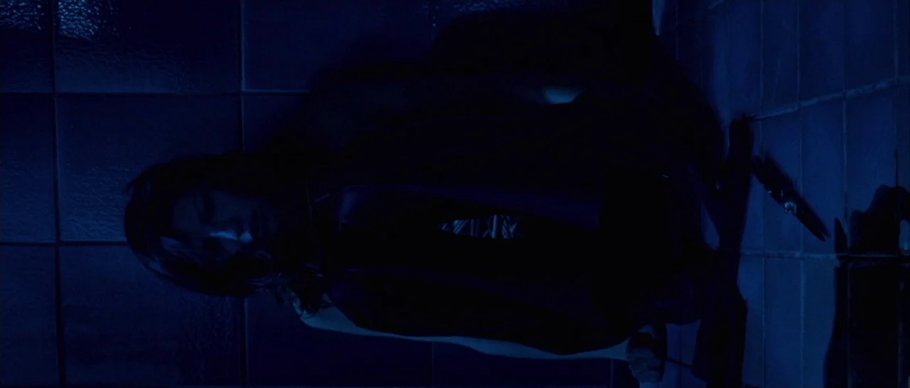 Amer (2009) movie still: medium — A dark, tiled room is illuminated by a harsh, monochromatic blue light source. A woman sits slumped on the floor…