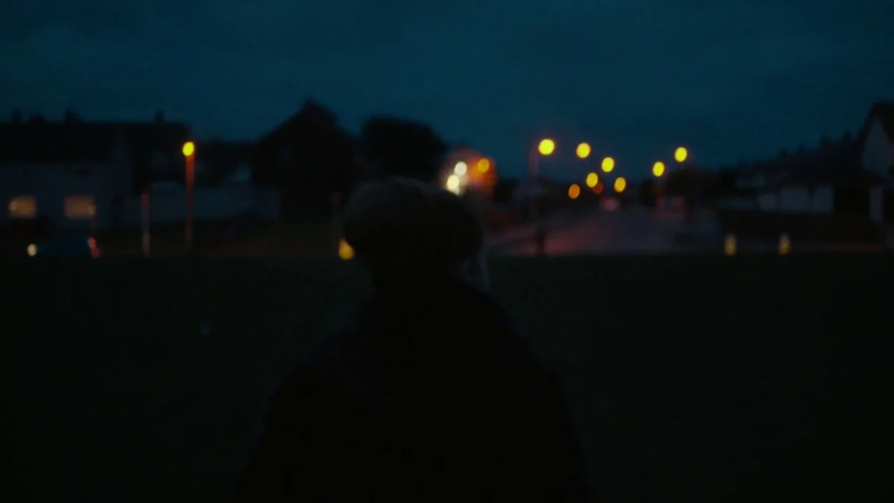 A Date for Mad Mary (2016) movie still: medium — A dark grassy area at night overlooks a suburban road with blurred street lights. A young person…
