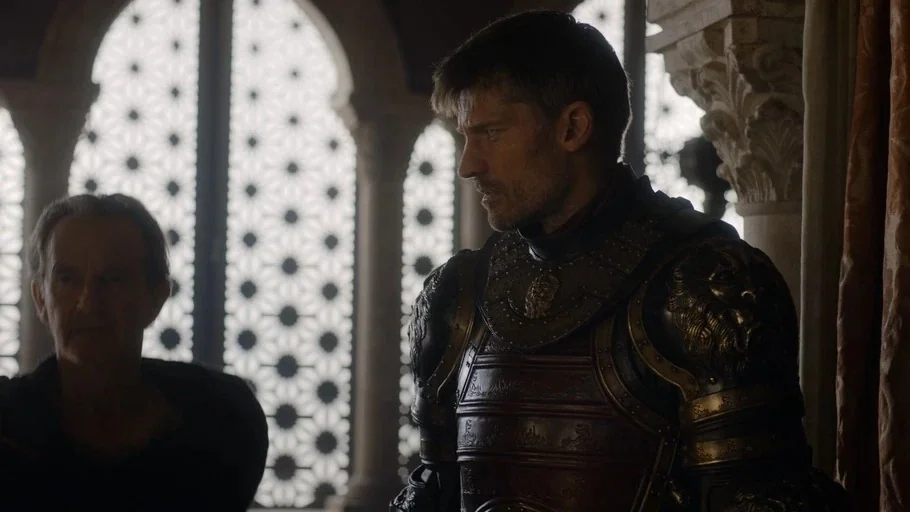 Game of Thrones (2017) movie still: medium — A stone corridor features large, intricately patterned arched windows allowing bright daylight inside.…
