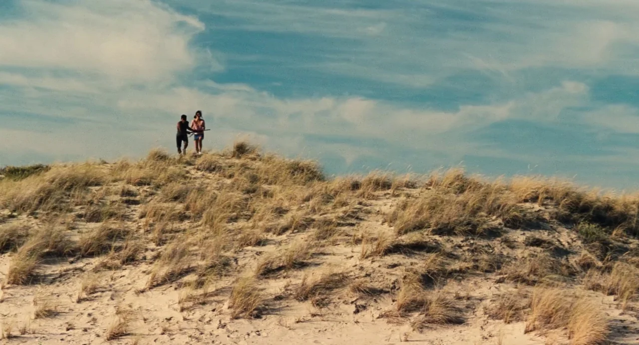 Ava (2017) movie still: wide — A vast, open coastal landscape is covered in rolling sand dunes and dry grasses. A man and a woman walk side-by-side…