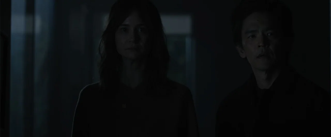 Afraid (2024) movie still: medium — A dimly lit contemporary room is bathed in deep shadows from a nearby window. A woman and a man stand together…