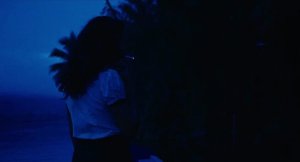 Almayer’s Folly (2011) movie still: medium — A dark tropical landscape at night is shrouded in heavy blue mist and shadows. A woman standing in…