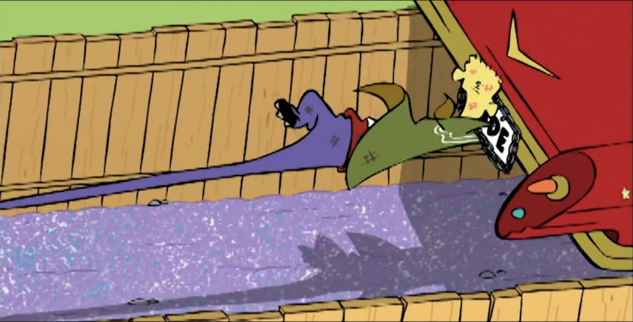 Ed, Edd n Eddy's Big Picture Show (2009) movie still: medium — A cartoon alleyway features a wooden fence and a red vehicle parked nearby. A purple…