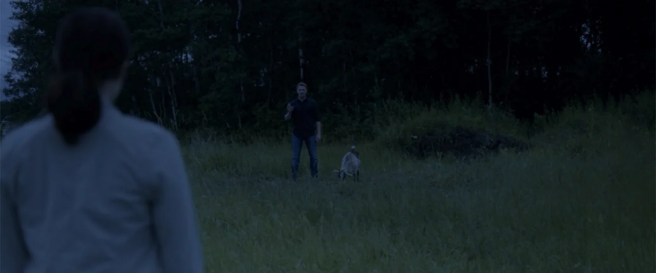 Radius (2017) movie still: wide — A man stands in a dark field at dusk with a goat near him. A person in the foreground is viewed over the shoulder…