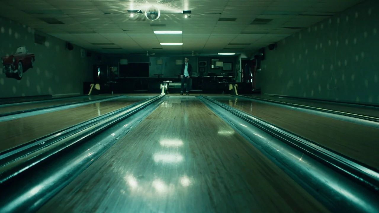 Girl on the Third Floor (2019) movie still: wide — A dimly lit bowling alley features long wooden lanes stretching into the distance. A man stands…